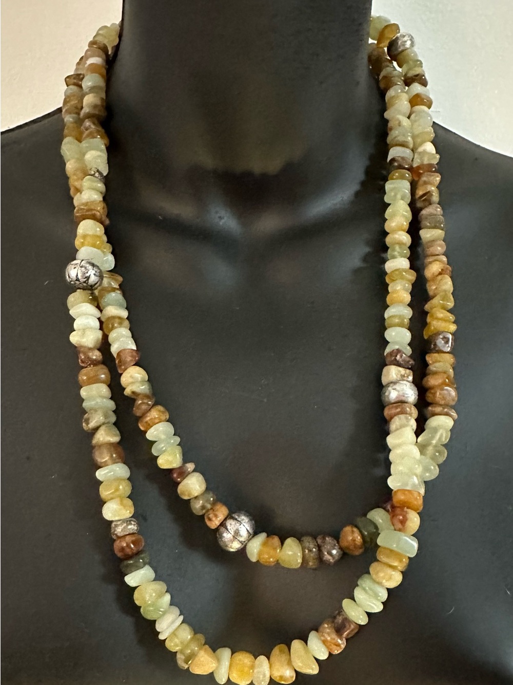 Multi-Strand Green and Earth Tone Beaded  Stone Necklace approx 44” - Picture 4 of 12